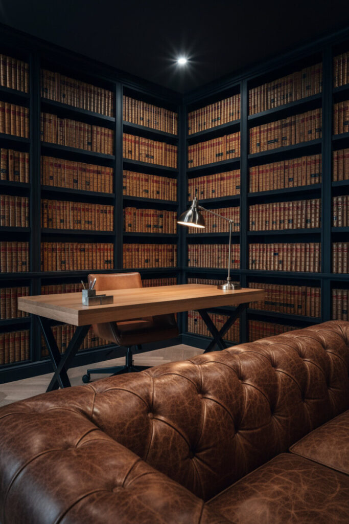 Library-style lounge with charcoal shelving, leather sofa, and oak desk perfectly demonstrating how to light a moody home office for reading.