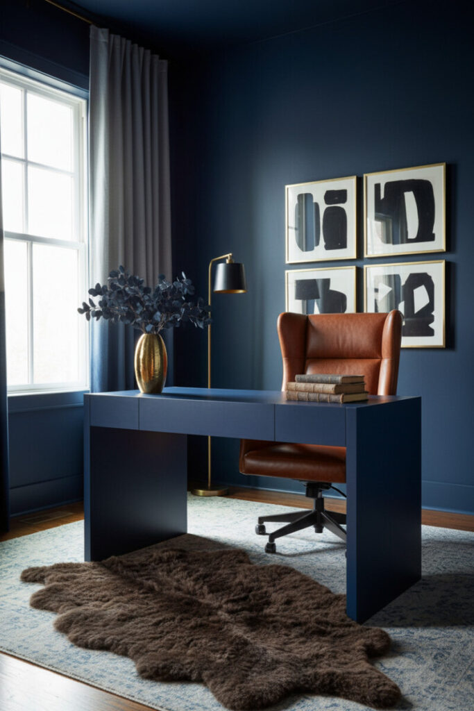 Midnight blue workspace with cognac chair, abstract wall art, and layered rugs creating a sleek Moody Home Office Design.