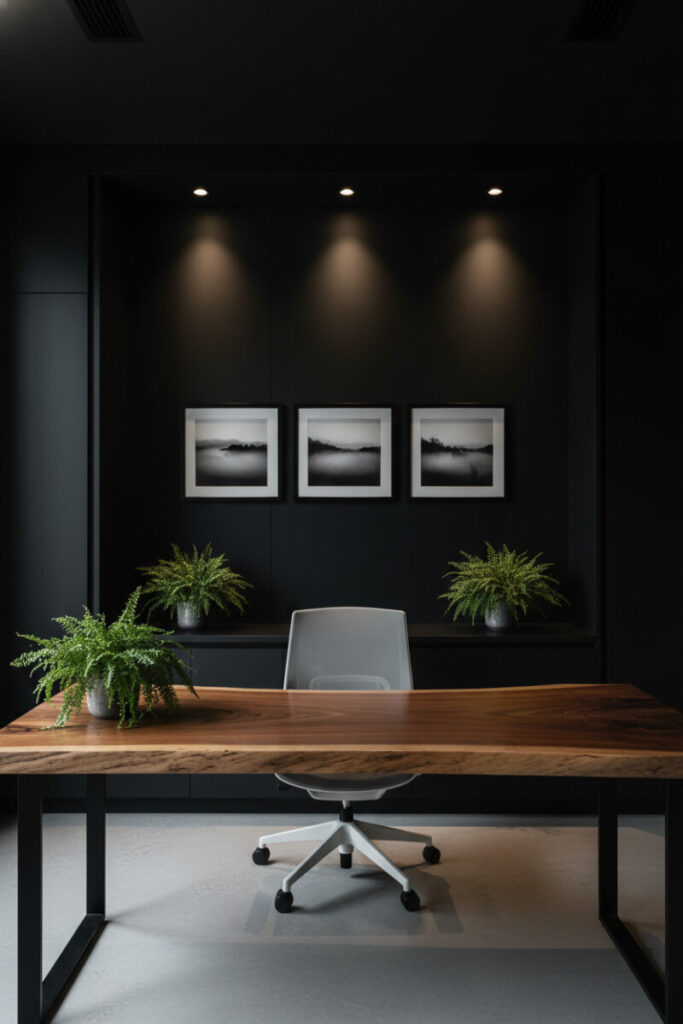 Minimalist black office with live-edge desk and spotlighting emphasizing serene moody interior design minimalism.