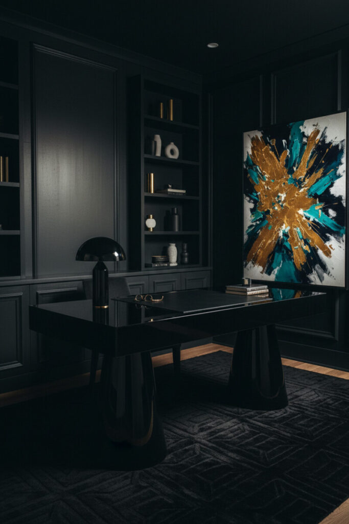 Monochrome executive office with lacquered black millwork, brass details, and bold abstract art reflecting modern Moody Home Office Designs.