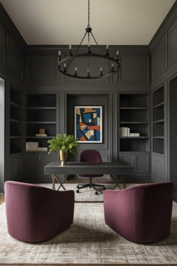 Deep plum velvet seating and wrought iron chandelier in a charcoal office delivering vibrant dark home office ideas.