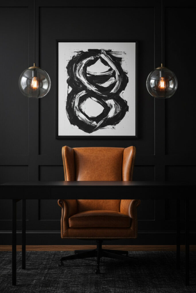 Sophisticated office with black paneled walls, cognac leather chair, and smoky pendant lights adding cinematic contrast to dark home office ideas.