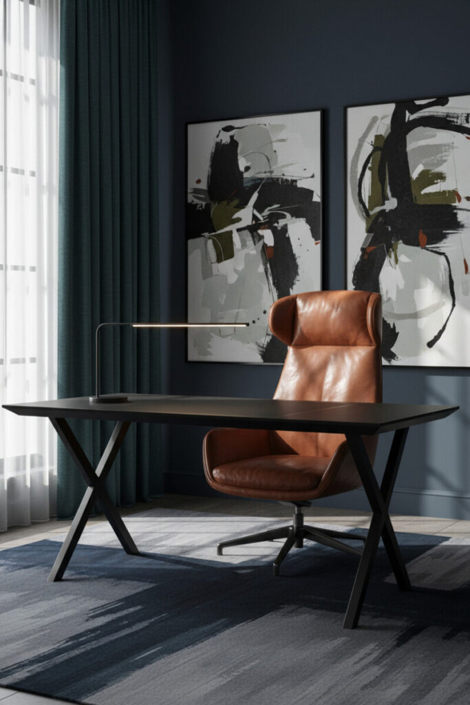 Matte black sculptural desk, cognac chair, and LED light bar highlighting contemporary Moody Home Office Design geometry.