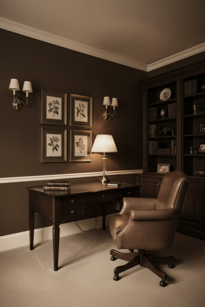 Sepia-toned study with mahogany desk, leather chairs, and warm sconces displaying refined moody interior design atmosphere.