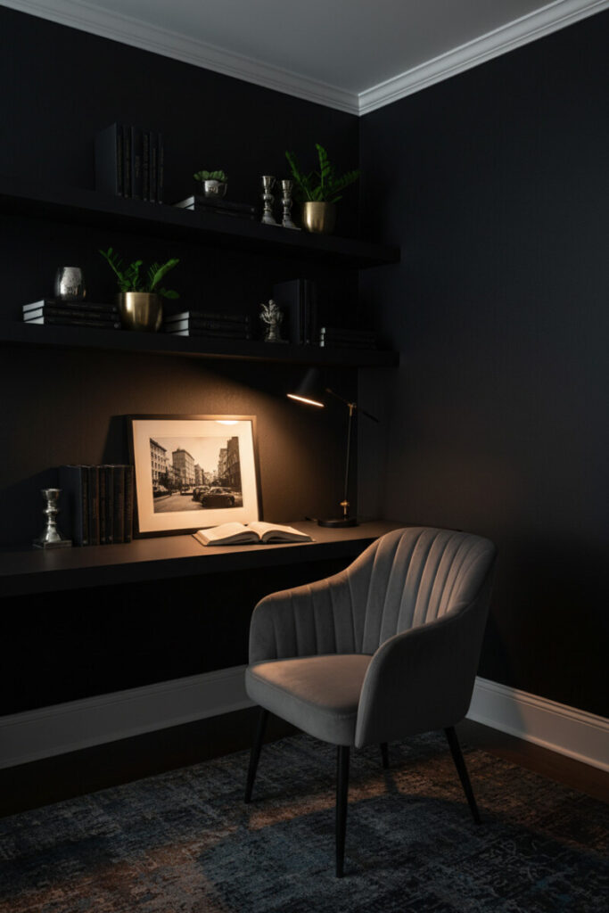 Compact black corner workspace with brass lamp and velvet chair—ideal inspiration for a small moody home office setup.