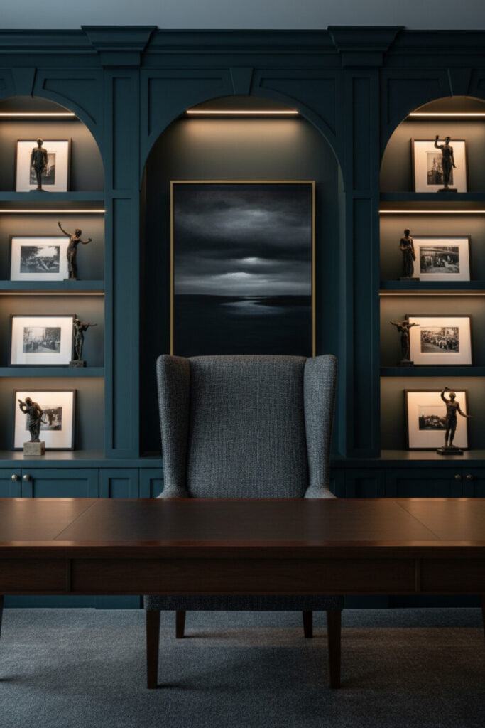 Teal built-ins with brass-lit arches and textured chair demonstrating ambient layering in how to light a moody home office.