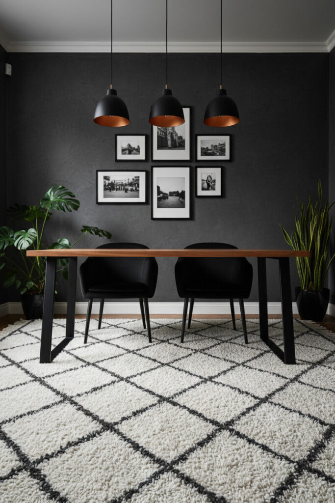Charcoal Venetian plaster walls, wood desk, and black velvet chairs creating rich Moody Home Office Designs texture depth.