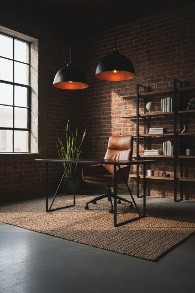 Urban loft workspace with brick wall, metal desk, and copper pendants exemplifying industrial dark home office ideas.