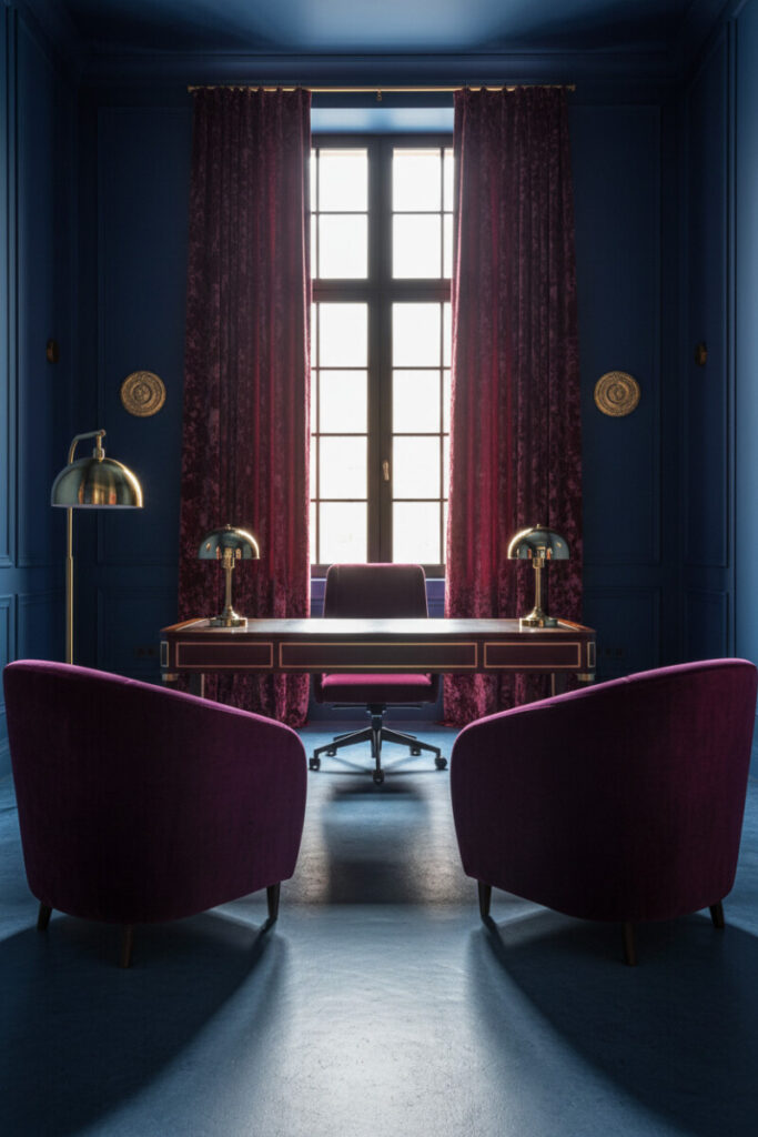 Velvet-draped moody office with mahogany desk, aubergine chairs, and brass lighting defining luxurious moody interior design.