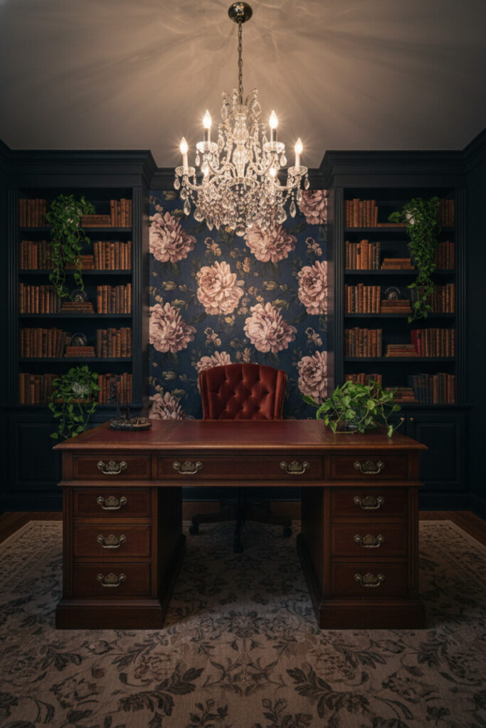 Vintage floral wallpaper, mahogany desk, and crystal chandelier merging romanticism with Moody Home Office Designs drama.