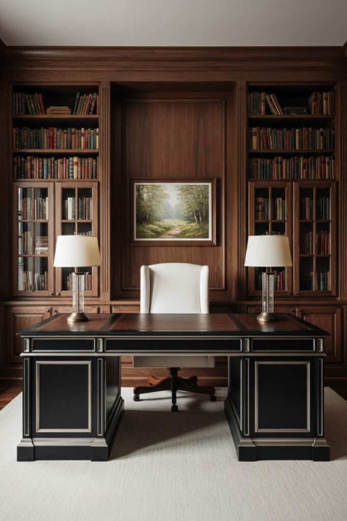 Walnut-paneled study with charcoal desk, bronze lamps, and white chair presenting timeless dark home office ideas sophistication.
