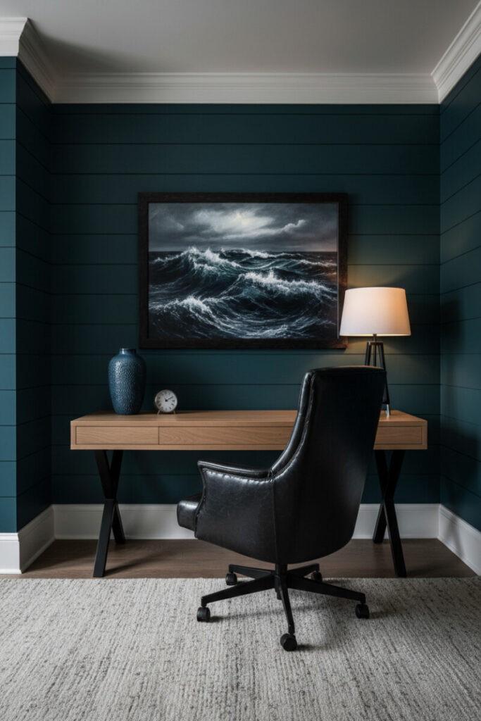 Coastal-inspired Moody Home Office Design with near-black shiplap, oak floating desk, and ocean artwork showcasing how to light a moody home office naturally.