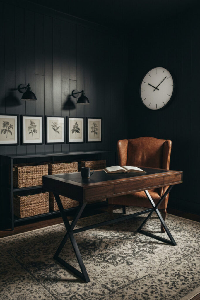 Dark farmhouse home office with charcoal beadboard, tobacco leather chair, and barn sconces offering rustic elegance in a small moody home office setup.