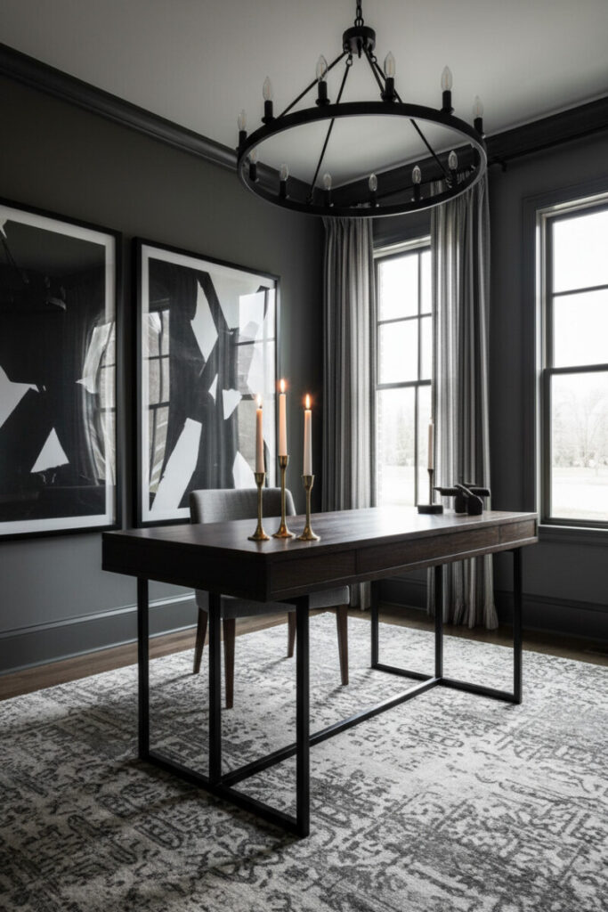 Charcoal-gray workspace with brass candleholders, striped curtains, and plush rug balancing darkness and serenity in moody interior design.