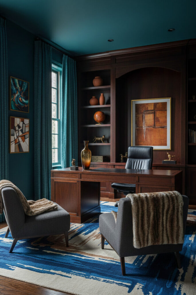 Teal and mahogany executive office with polished wood shelves, gold accents, and velvet throws reflecting rich Moody Home Office Designs style.