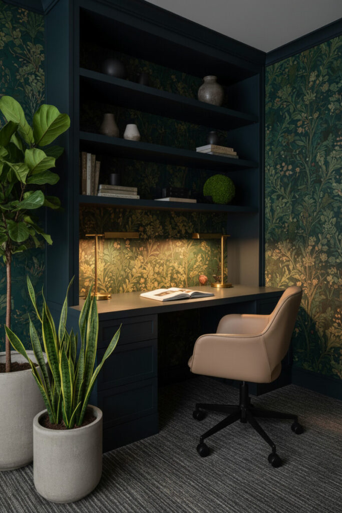 Forest green wallpapered workspace with botanical patterns, brass task lamps, and taupe leather chair showing refined dark home office ideas.