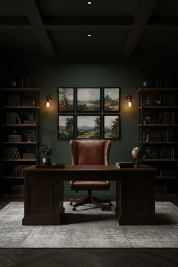 Hunter-green office featuring a symmetrical gallery wall, cognac tufted chair, and warm brass lighting for bold Moody Home Office Designs.
