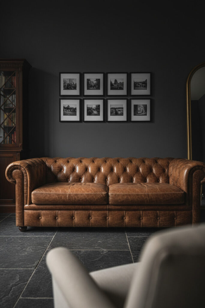 Distressed cognac leather Chesterfield on near-black walls, six black-and-white square photos, slate floor and side lighting—texture-rich moody interior design.