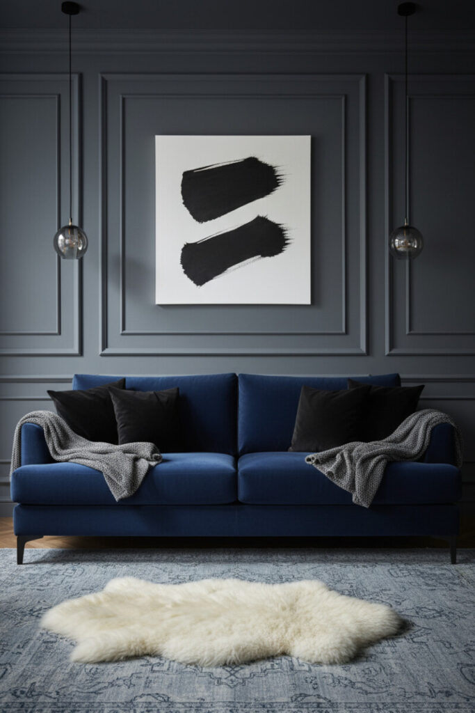 Slate-grey paneled wall, sapphire loveseat, minimalist black-on-white art, and smoked glass pendants—refined modern Moody Living Room Ideas.