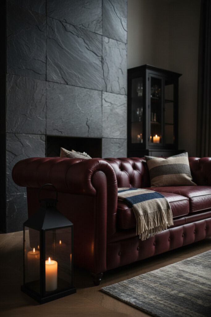 Oxblood leather Chesterfield placed diagonally before dark slate fireplace wall, glowing lantern and layered throws—plush dark living room drama.