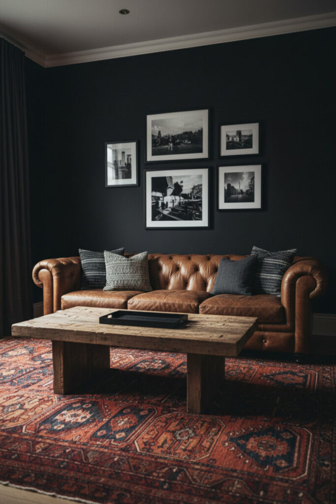 Matte black walls with white cornice, cognac sofa, geometric pillows, heavy reclaimed-wood table, Persian rug, and asymmetrical gallery—daylight-raked moody interior design.