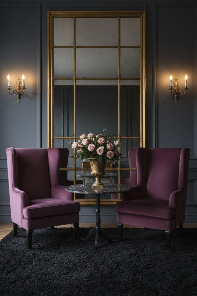 Aubergine velvet wing chairs facing over shag rug, round marble table with gold urn, antique mirrored wall and brass double sconces—royal-toned Moody Living Room Ideas.