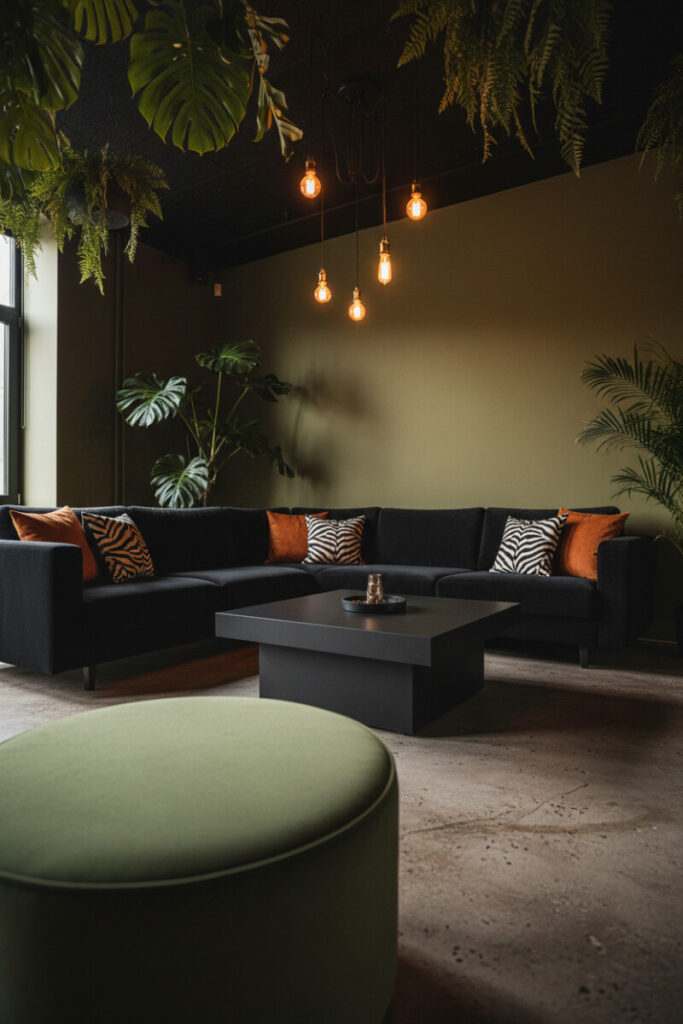 Black velvet sectional with burnt-orange and zebra pillows, moss-green ottoman, Edison bulbs and tropical leaves—maximalist moody interior design.