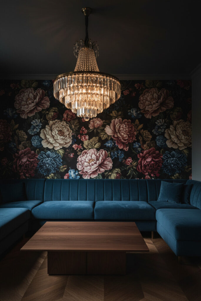 Large-scale Dutch-style floral wallpaper, petrol-blue channel-tufted sectional, walnut table, and crystal chandelier—opulent dark living room statement.