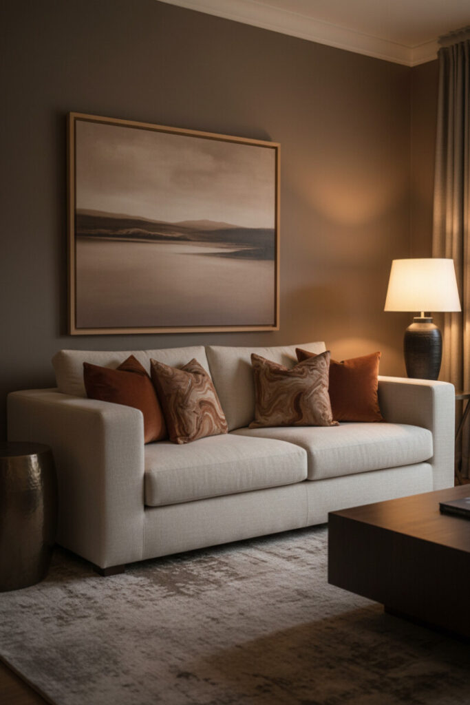 Cocoa-and-truffle walls with creamy linen sofa, rust and camel pillows, sepia art, tall ceramic lamp, bronze drum table—quiet-luxury Moody Living Room Ideas.