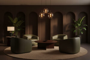 Chocolate walls with integrated arches, olive-green barrel chairs around dark round table, amber glass pendants and jute rug demonstrating how to style a moody living room.