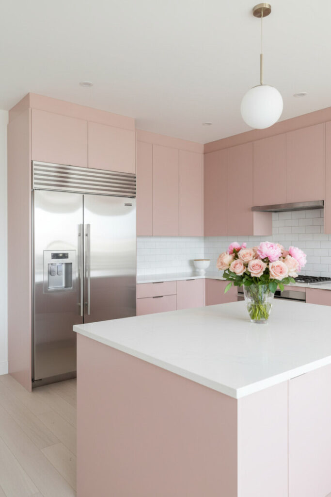 lush pink cabinetry with white quartz island and subway tile, stainless appliances, globe pendant—blush pink kitchen inspiration within Pink Kitchen Designs.