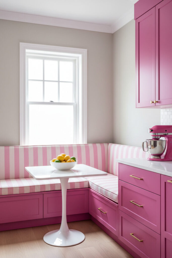 Magenta banquette with pink-and-white striped cushions and tulip table—colorful nook perfect for pink kitchen ideas for small spaces.