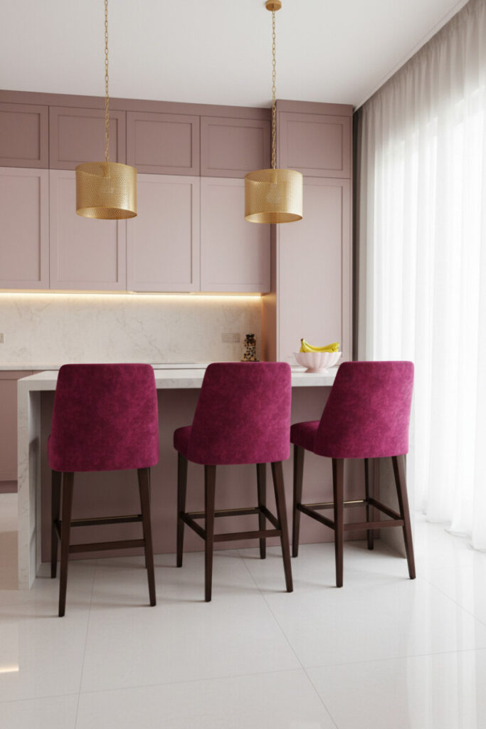 Row of magenta velvet bar stools at white quartz island—seating-led solution for how to style a pink kitchen.