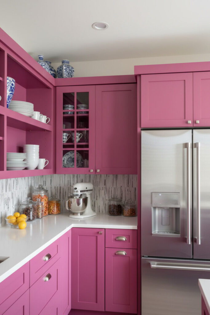 Matte fuchsia Shaker cabinets, white quartz, linear backsplash, and stainless fridge—statement cabinetry in Pink Kitchen Designs.