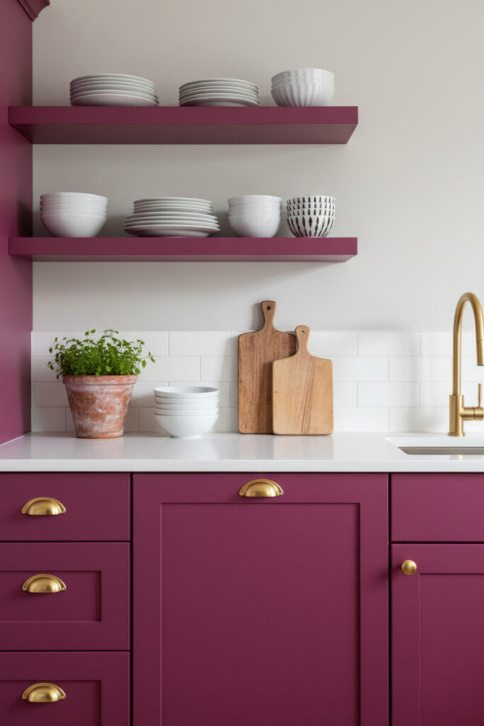 Matte magenta lower cabinets with brass cup pulls and matching open shelves—styled vignette with white ceramics.
