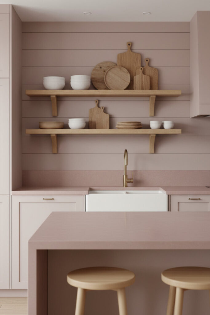 Blush shiplap with oak shelves, white bases, and dusty-rose island top—warm Scandinavian blush pink kitchen.