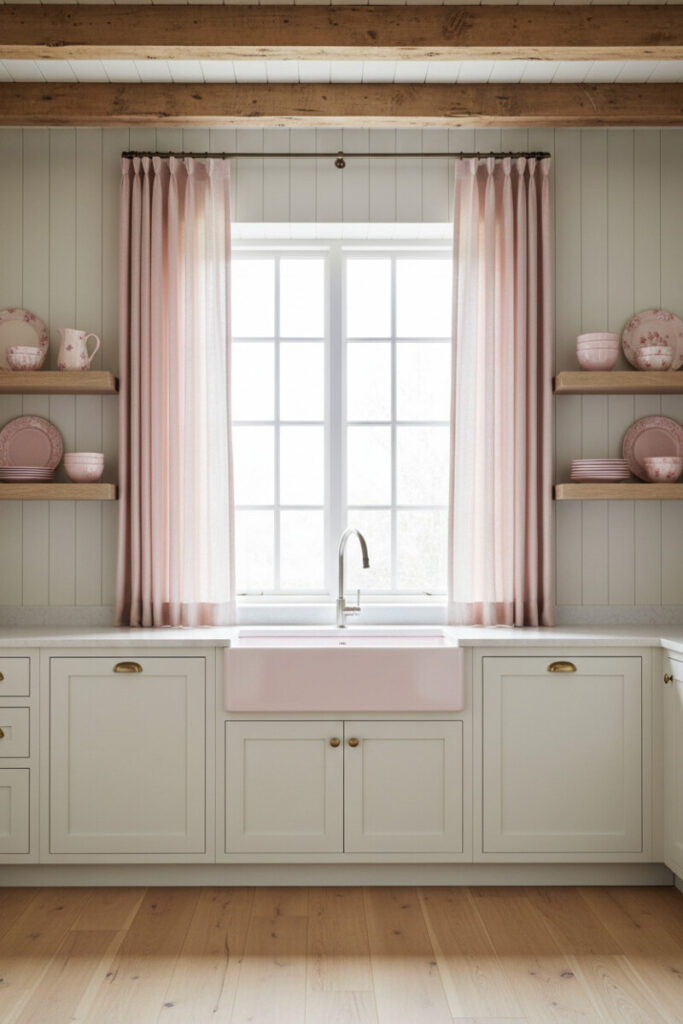 Pink linen curtains and matte pastel pink farmhouse sink with off-white cabinetry—cozy cottage idea for pink kitchen ideas for small spaces.