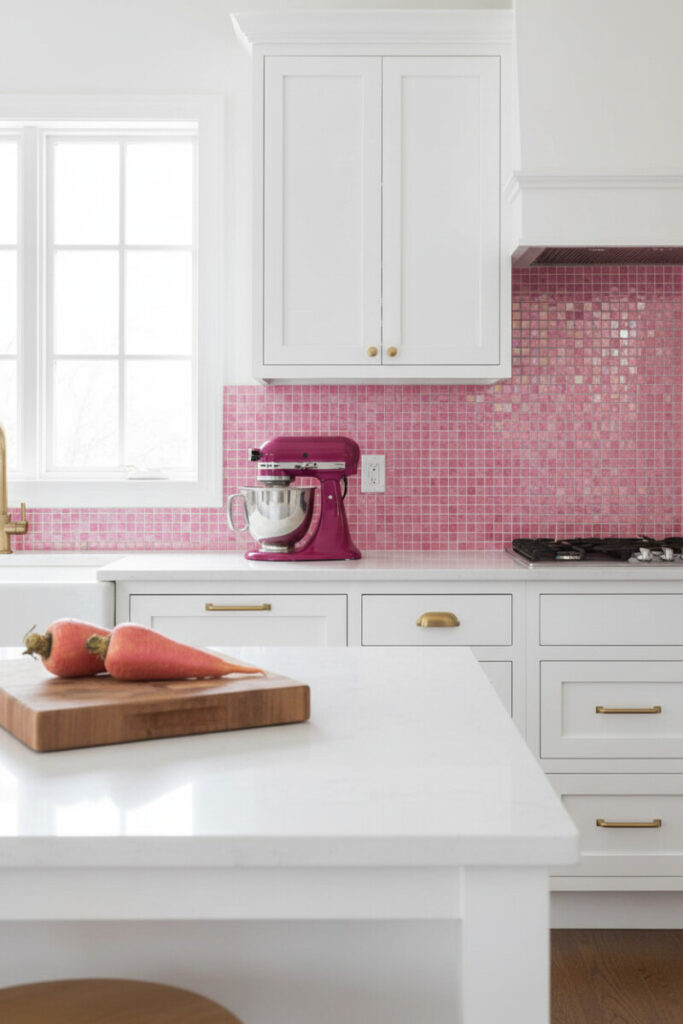 Hot pink geometric mosaic backsplash with white Shaker cabinets and brass pulls—lively modern pink kitchen corner.