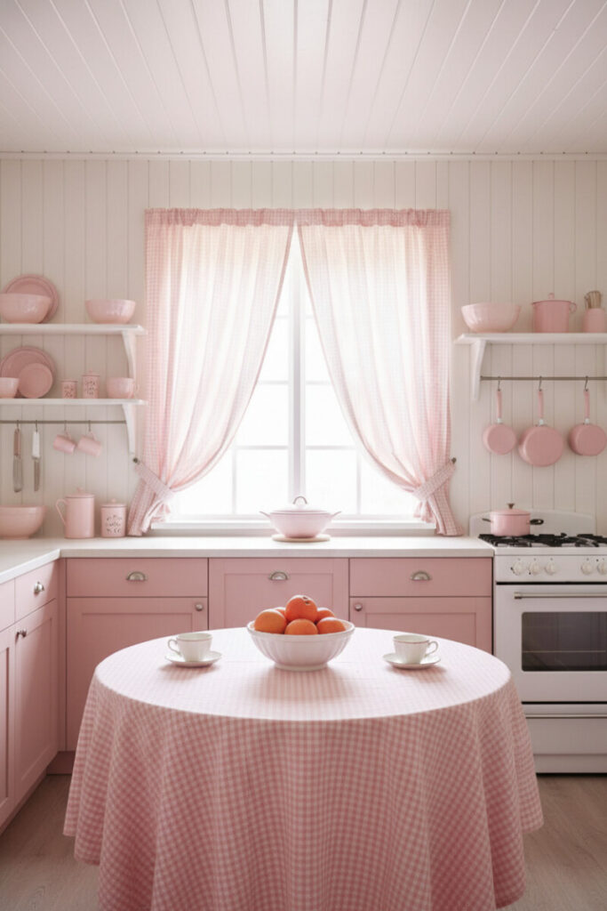 Pink gingham tablecloth and curtains with blush cabinetry and pink cookware—textile-forward take on how to style a pink kitchen.