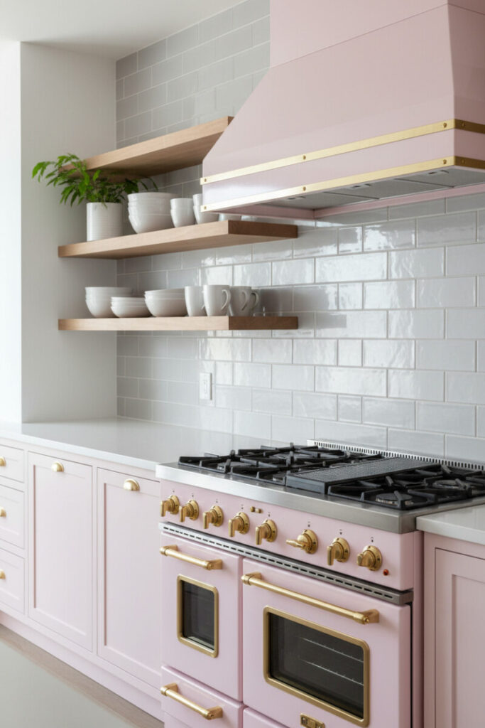 Pastel pink range and chimney hood with brass trim, slate-gray tile, and wood shelves—appliance-led modern pink kitchen.