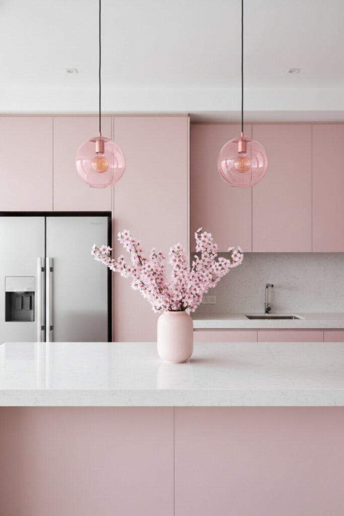 Blush-tinted glass pendants over white speckled quartz island and pink cabinetry—lighting-focused guide to how to style a pink kitchen.