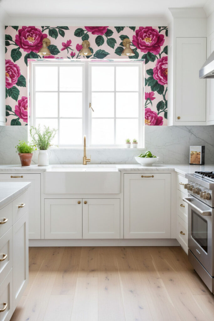 White Shaker kitchen with bold pink floral wallpaper, farmhouse sink, and marble counters—cheerful modern pink kitchen idea.