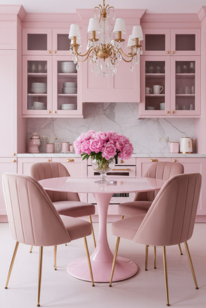 Bubblegum pink tulip table with dusty rose velvet chairs, marble counters, and brass chandelier—glam modern pink kitchen dining zone.