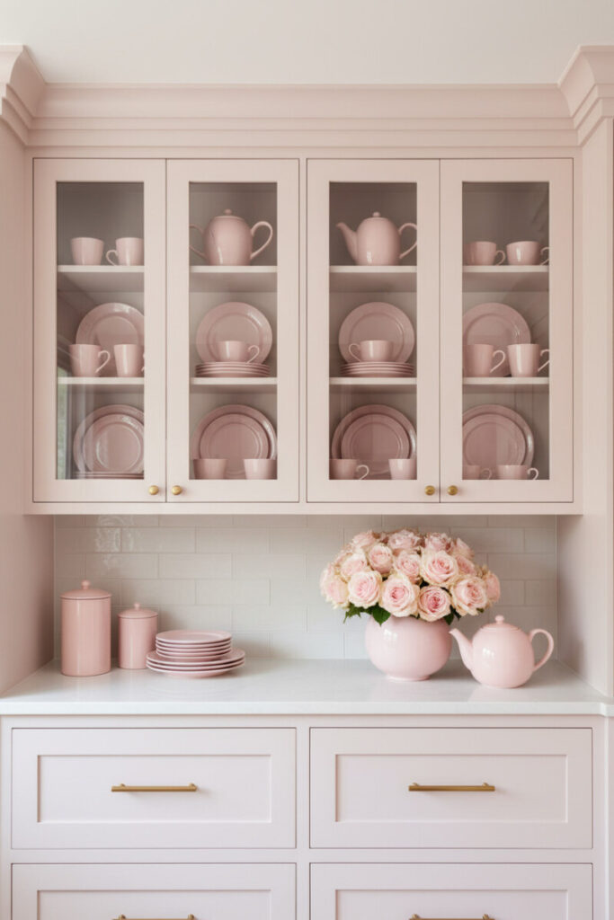 Floor-to-ceiling blush cabinetry with glass uppers displaying pink tea sets—refined storage in a blush pink kitchen.
