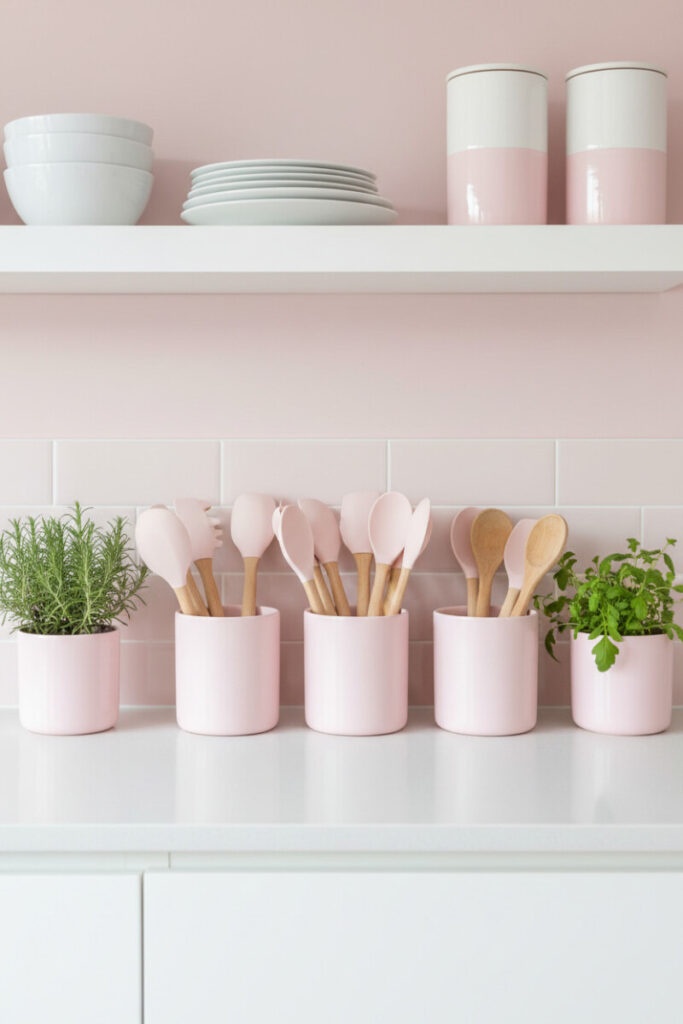 Pink utensil holders and herb canisters on white quartz against glossy pale pink tile—budget-friendly pink kitchen ideas for small spaces.