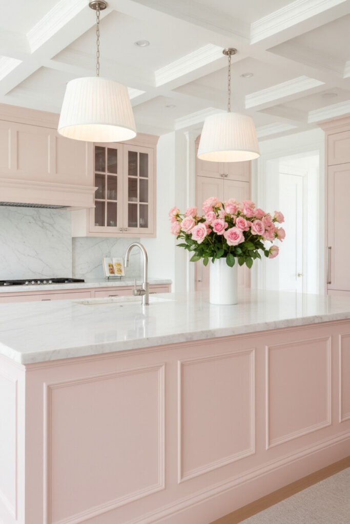 Blush wainscoted island with white marble top and pleated pendants—transitional centerpiece in Pink Kitchen Designs.