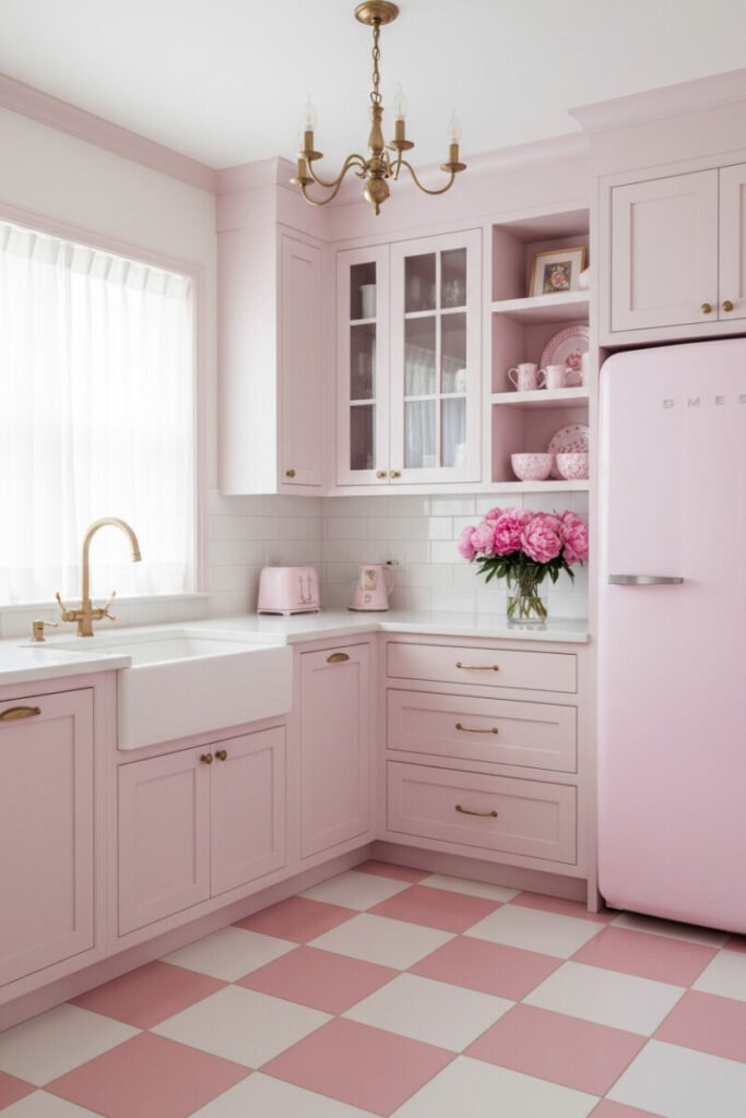 Light pink cabinetry with brass hardware and pink–white checkerboard floor—retro flourish within Pink Kitchen Designs.