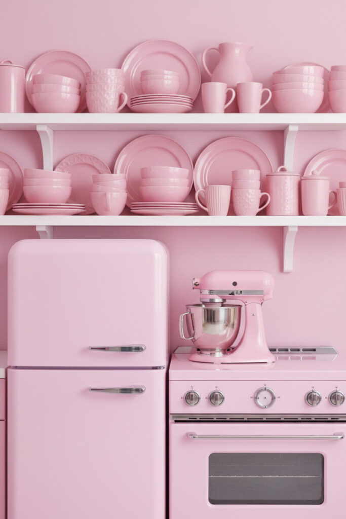 Retro pink refrigerator and range with pink stand mixer and open shelves—playful classic in Pink Kitchen Designs.