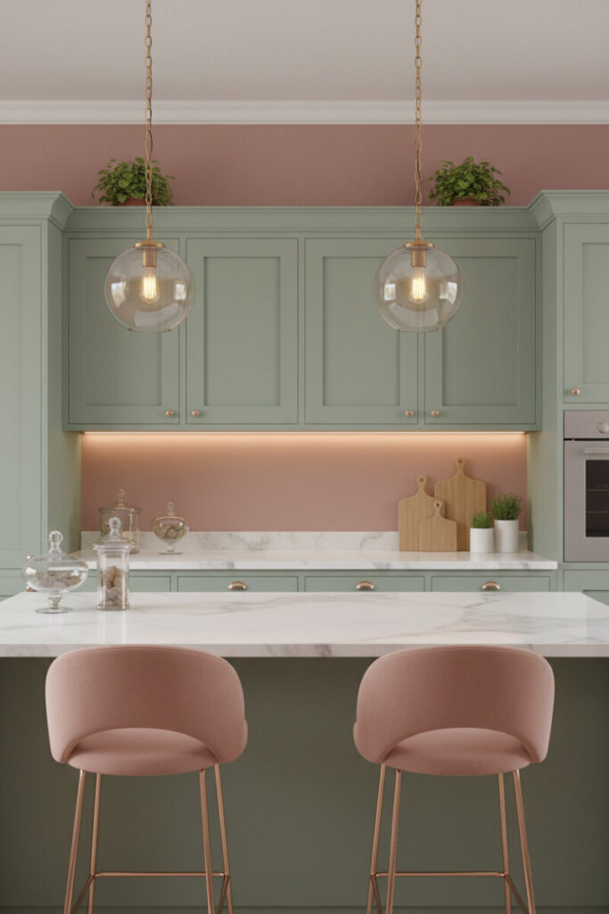 Sage green Shaker cabinetry with dusty pink walls, pink velvet stools, and amber pendants—earthy blush pink kitchen.