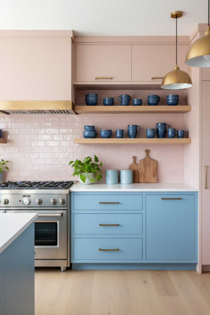 Dusty-rose uppers, sky-blue lowers, reflective pink backsplash, and oak shelves—color-blocked concept in Pink Kitchen Designs.